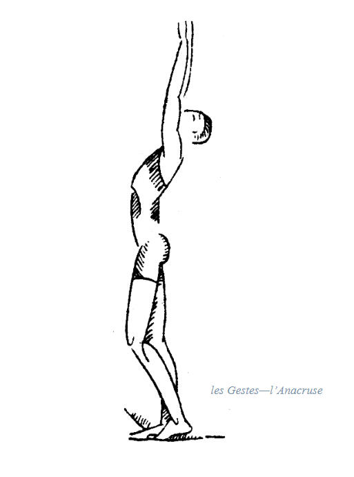 A drawing of a figure with arms stretched overhead, showing an anacrusic gesture, drawn by Paul Thévenaz